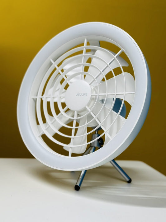 JISULIFE FA17 Rechargeable Fan with LED Light and Table Tripod- White Color